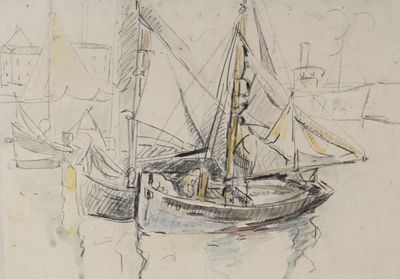 un dessin représentant un bateau sur l'eau, avec une ville en arrière-plan