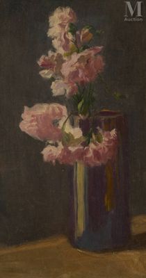 a painting of pink flowers in a vase on a table