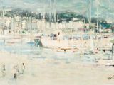 un tableau représentant des bateaux dans un port, avec des personnes sur le rivage