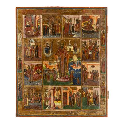un vieux tableau représentant une scène religieuse avec de nombreuses icônes religieuses