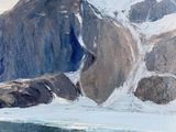 a watercolor painting of a mountain and a body of water