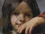 a painting of a young girl leaning on a chair