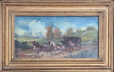 tableau représentant deux chevaux tirant une calèche sur un chemin de terre