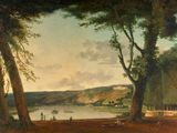 painting of a view of a river with trees and people in the foreground