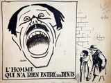 drawing of a man with his mouth open and another man holding a cane