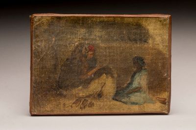 an old painting of a man and a woman sitting on the ground