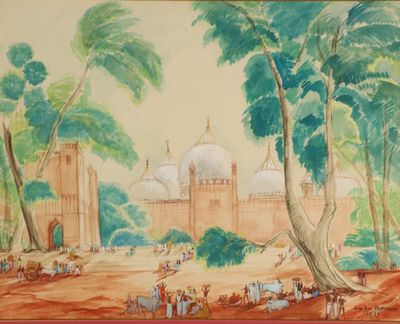 an image of a painting of a large building in the middle of a forest