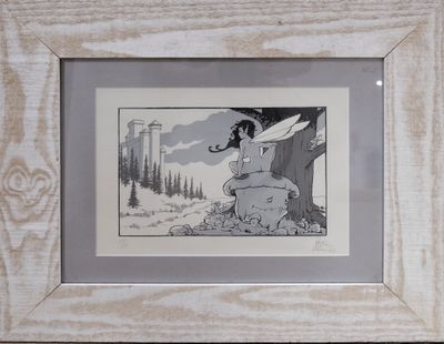 a drawing of a woman sitting on a rock