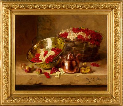 tableau représentant un panier de fleurs et une corbeille de fruits posés sur une table