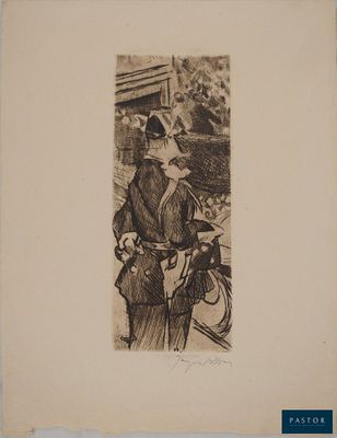 une image représentant le dessin d'une femme portant un chapeau et un manteau