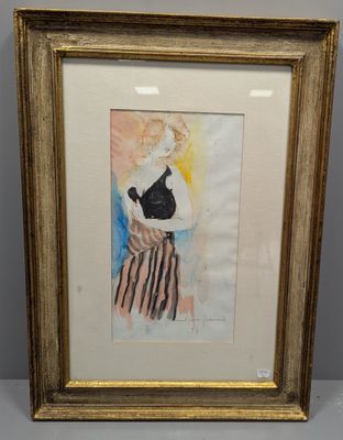 aquarelle encadrée représentant une femme en jupe rayée