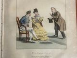 an old book with a picture of a man and a woman talking to a man