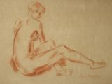 dessin représentant une femme nue assise par terre, les jambes croisées