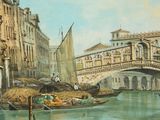 a painting of a boat on the water in front of a bridge