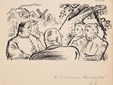 a drawing of a group of people sitting around a table
