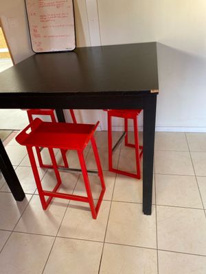 deux tabourets rouges posés près d'une table dans une cuisine