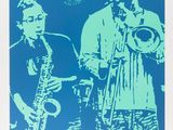 blue and green image of two men playing saxophones in front of a blue background