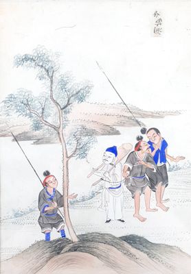 painting of a group of people on a hill with a tree in the foreground