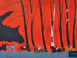 a painting of a group of people riding horses through a forest