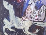 painting of a man riding a horse with a woman on a carriage