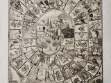 un vieux dessin représentant une roue de la fortune sur laquelle figurent de nombreux symboles