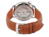 a close up of a watch on a white background with a brown strap