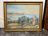 un tableau représentant une vue sur un lac avec une église au premier plan