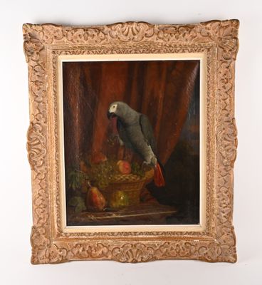 un tableau représentant un perroquet perché sur un panier de fruits