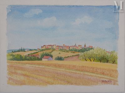 une image représentant un tableau représentant un paysage avec un village au loin