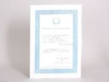 a blue and white certificate on a white background