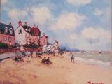 une peinture représentant une scène de plage avec des gens sur le sable