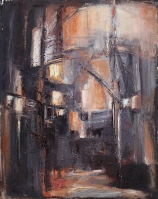 an oil painting of a city street with buildings in the background