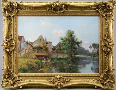an image of a painting of a village with a river in the foreground