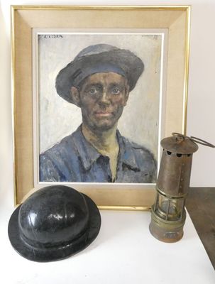 a painting of a man wearing a hat next to a lamp