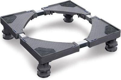 a close up of a black plastic platform with wheels on a white background