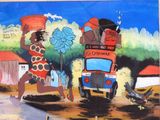 painting of a woman walking past a bus with a bunch of items on top of it
