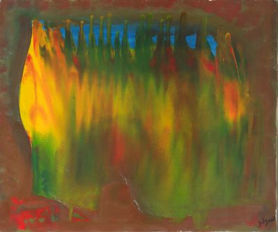 an image of a painting of a green and yellow vase