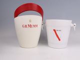 two white buckets with red handles sitting next to each other