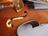a close up of a violin on a white surface