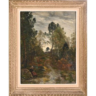 un tableau représentant un paysage boisé avec un ruisseau et des arbres
