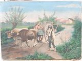 un tableau représentant un homme avec une charrette et une vache