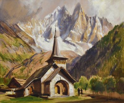 tableau représentant une église dans les montagnes, avec un clocher au premier plan