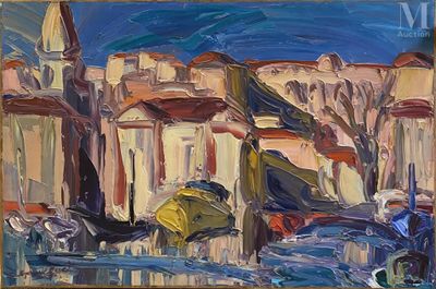 une peinture à l'huile représentant des bateaux dans un port avec des bâtiments à l'arrière-plan