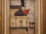 an image of a painting of a building with a red flag on top of it