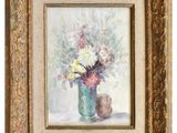 an oil painting of flowers in a vase on a table
