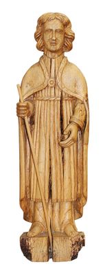 statue en bois représentant un homme muni d'un bâton et portant un chapeau