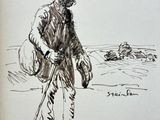 drawing of an old man with a walking stick in a field