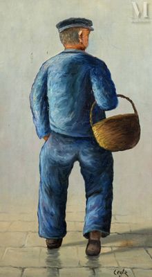 a painting of a man with a basket walking down the street