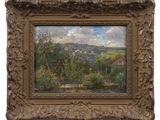 an oil painting of a landscape with a house and trees