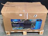 a cardboard box on a pallet with a picture on it